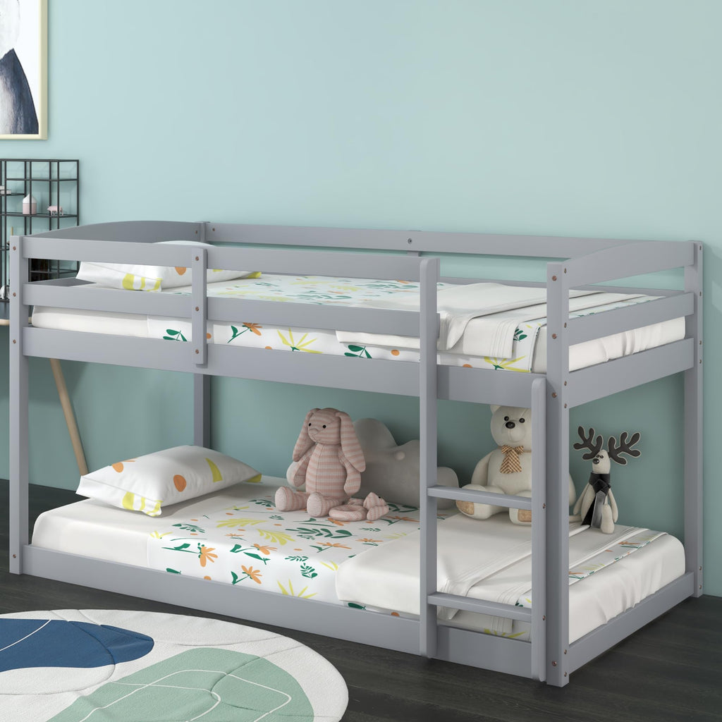 Twin Over Twin Solid Wood Low Bunk Bed with Ladder and Guardrails Z14243
