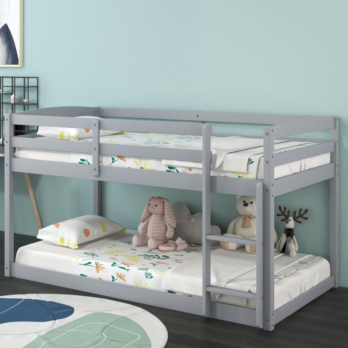Twin Over Twin Solid Wood Low Bunk Bed with Ladder and Guardrails Z14243