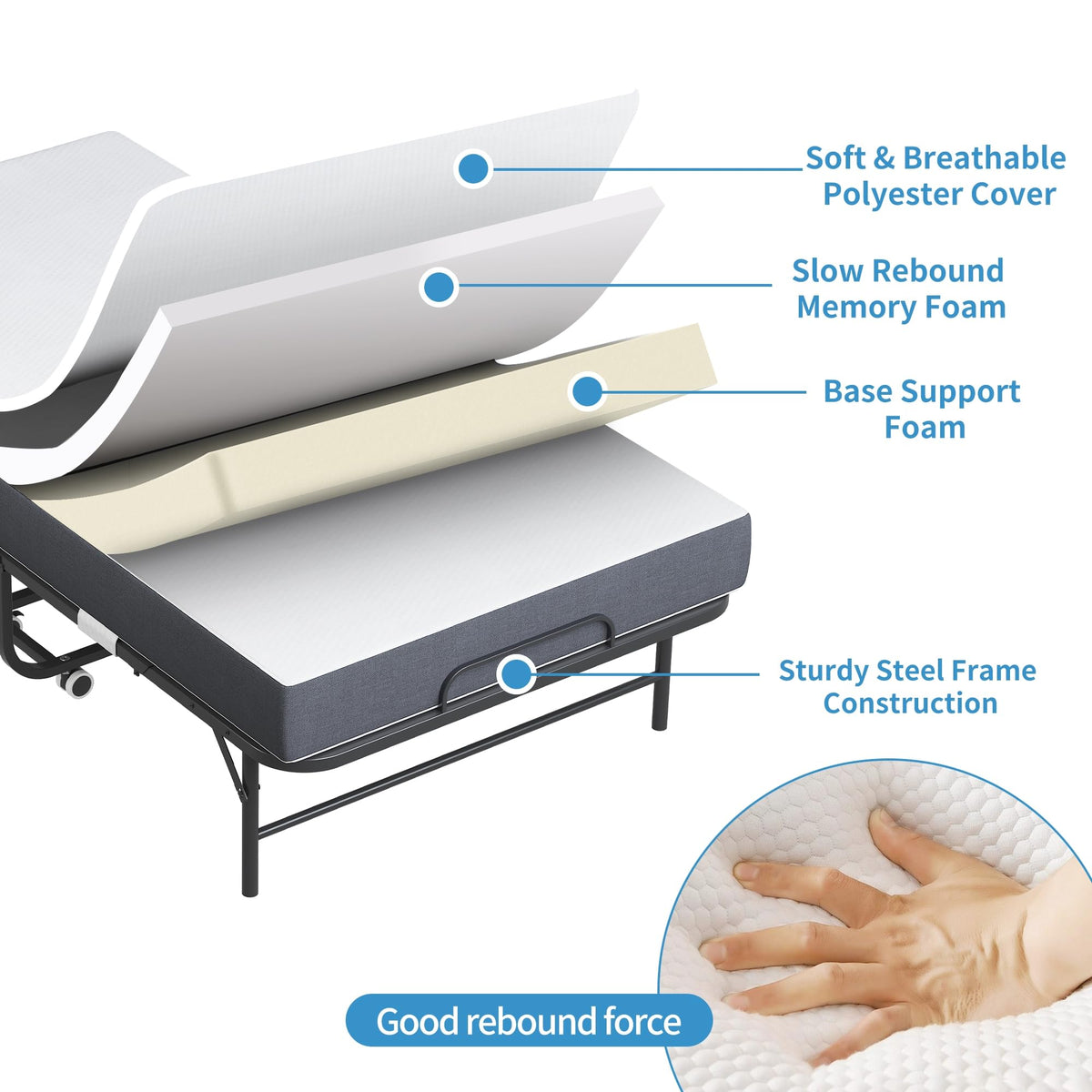 Folding Bed with Mattress, Twin Size Metal Bed Frame with Wheels T574211
