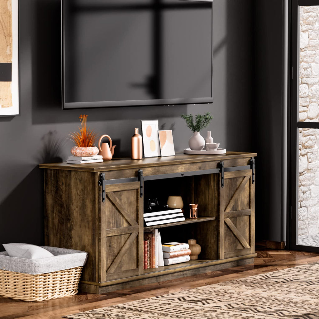 Farmhouse TV Stand for 65 Inch TV with Sliding Barn Doors and Storage Cabinets C1238
