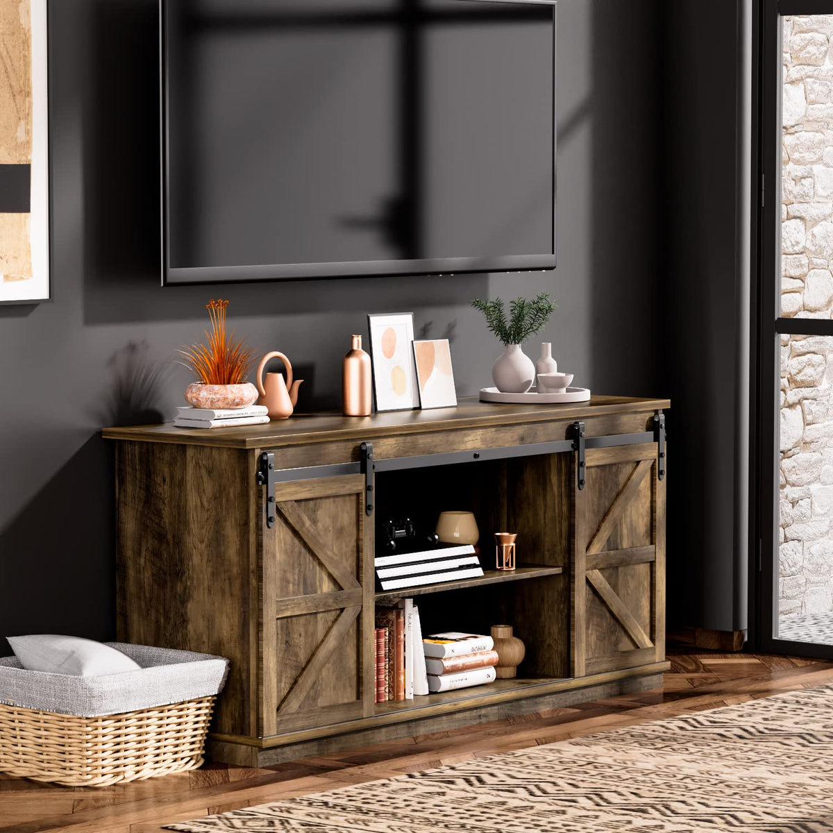 Farmhouse TV Stand for 65 Inch TV with Sliding Barn Doors and Storage Cabinets C1238