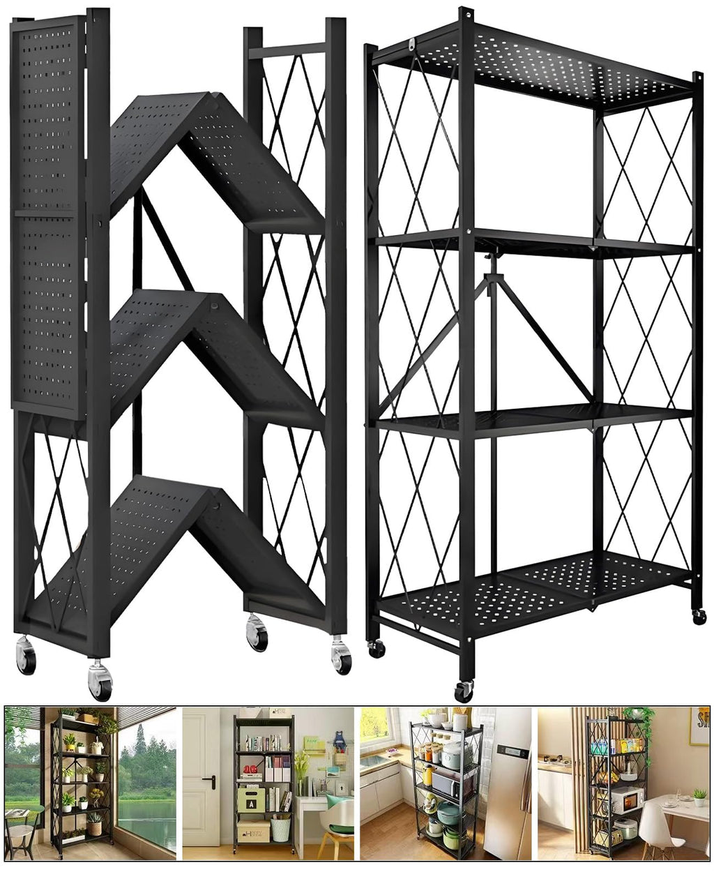 Metal Shelves, 4-Tier Foldable Shelving Unit with Wheels T9663