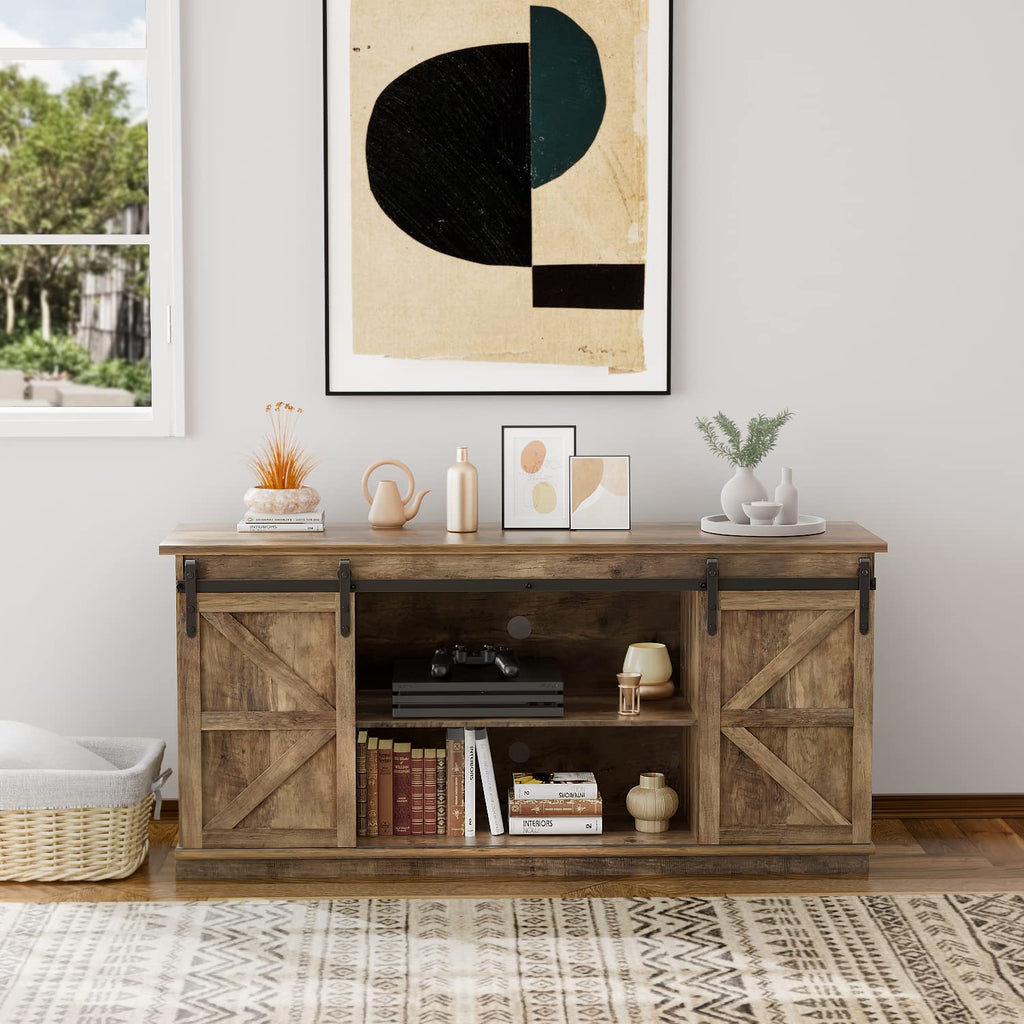 Farmhouse TV Stand for 65 Inch TV with Sliding Barn Doors and Storage Cabinets C1238