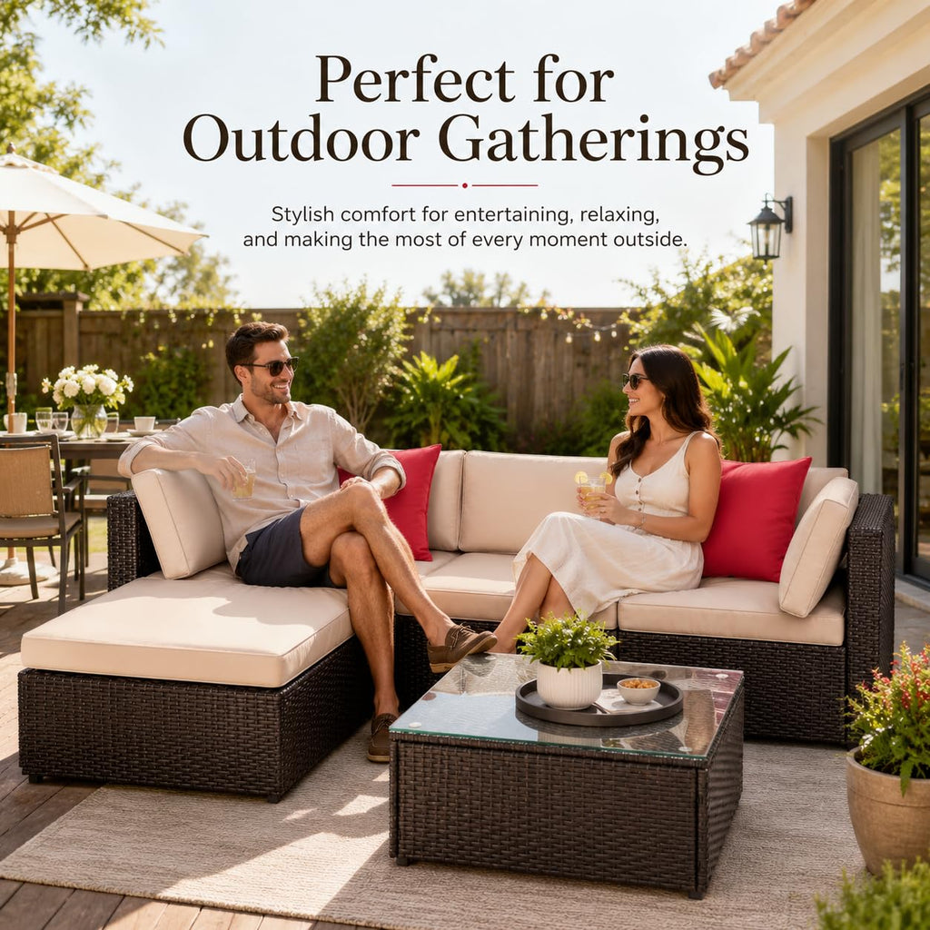 5-Piece Brown Wicker Outdoor Sofa Set with Cushions E339288