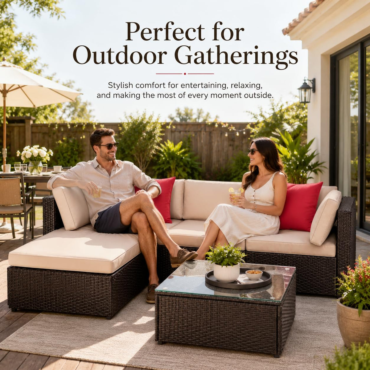 5-Piece Brown Wicker Outdoor Sofa Set with Cushions E339288