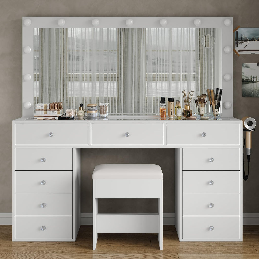 11 Drawer Vanity Desk with Mirror and LED Bulbs X390357