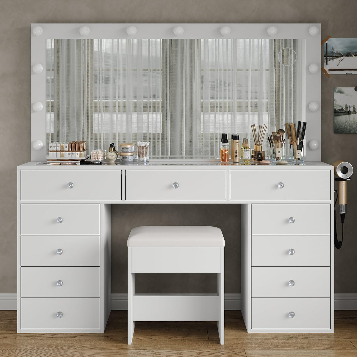 11 Drawer Vanity Desk with Mirror and LED Bulbs X390357