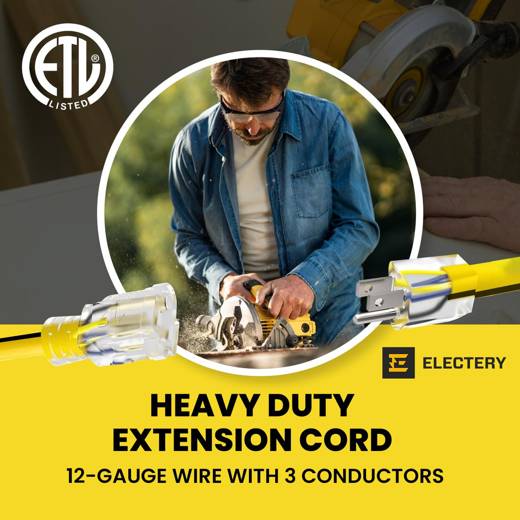 12 Gauge 75 Ft Heavy Duty Extension Cord SJTW Yellow 15Amp 1875W C42024
