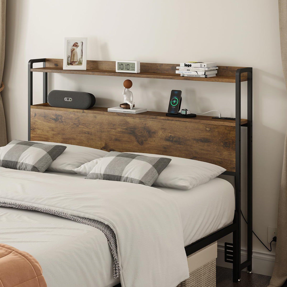 Adjustable Full Size Headboard with Outlets USB Ports Type-C LED Lights and Storage Rustic Brown Y441