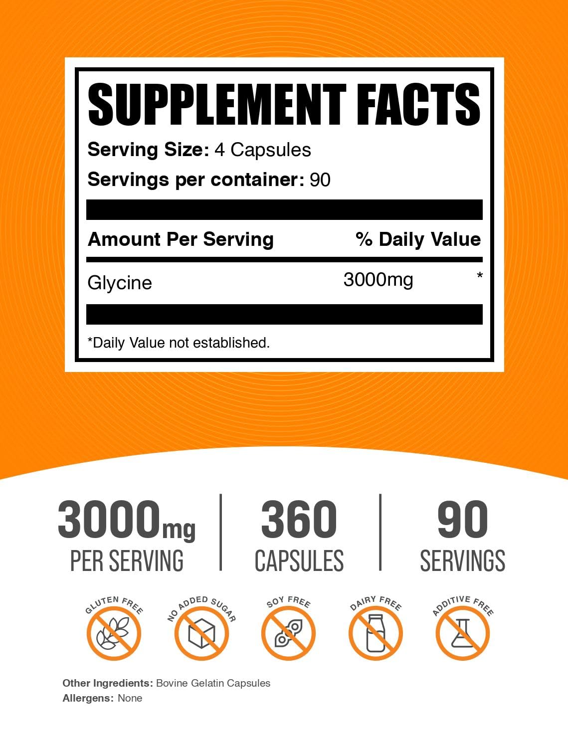 Glycine Capsules 3000mg Gluten Free 360 Count V411775