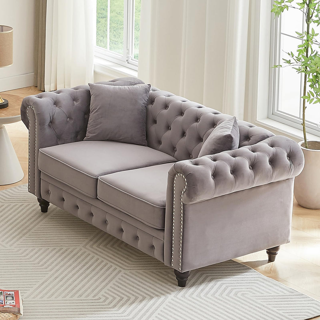 Light Grey Velvet Button Tufted Loveseat Sofa C84390