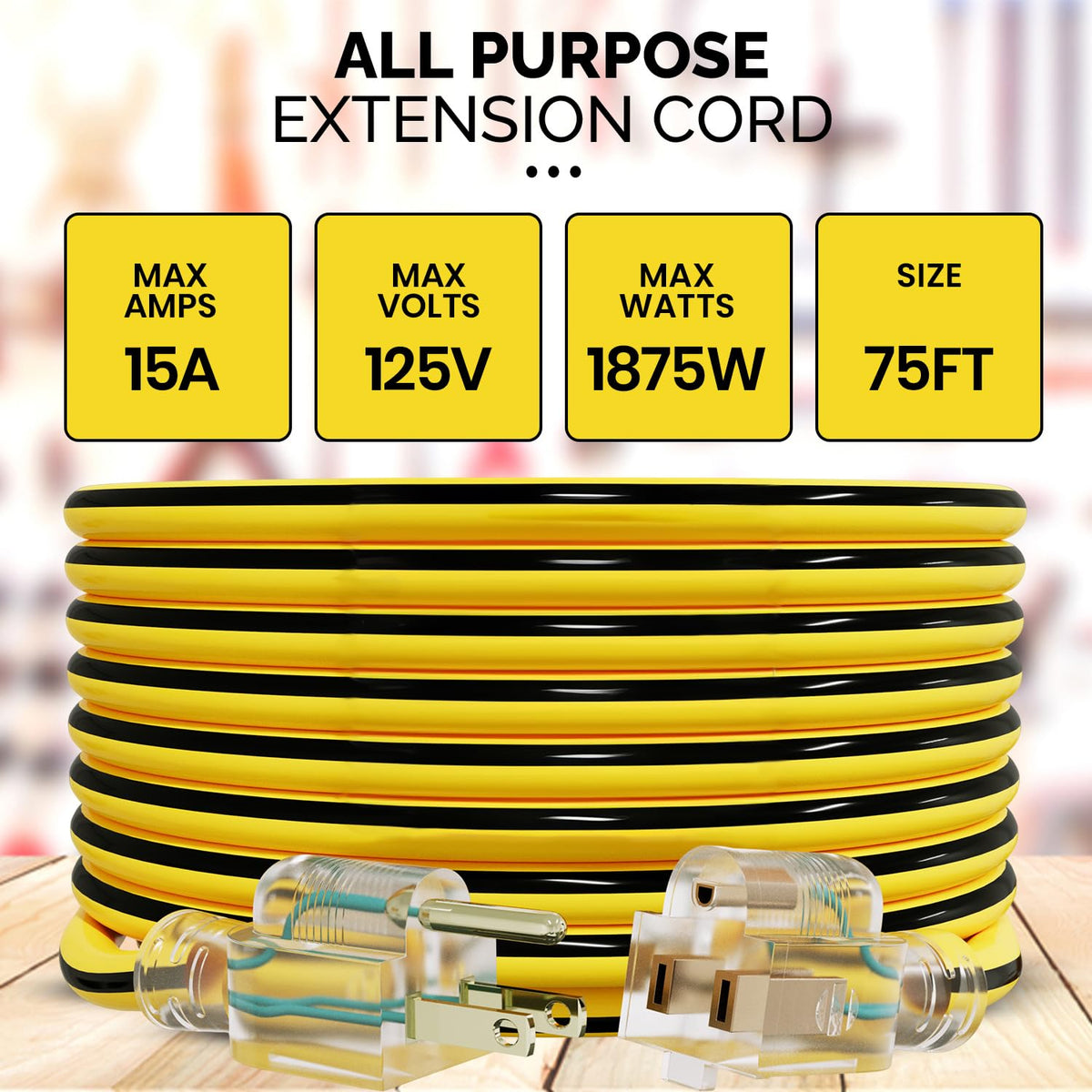 12 Gauge 75 Ft Heavy Duty Extension Cord SJTW Yellow 15Amp 1875W C42024