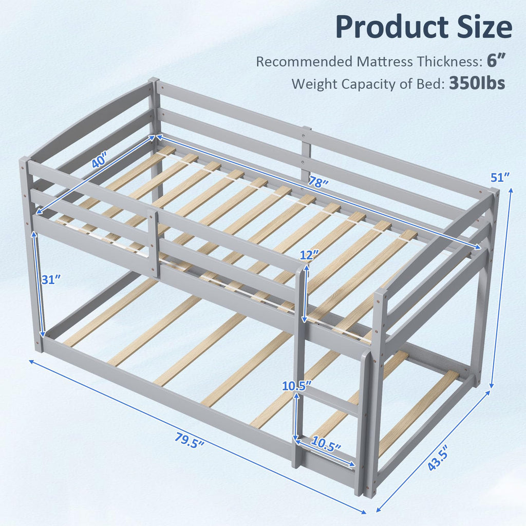 Twin Over Twin Solid Wood Low Bunk Bed with Ladder and Guardrails Z14243