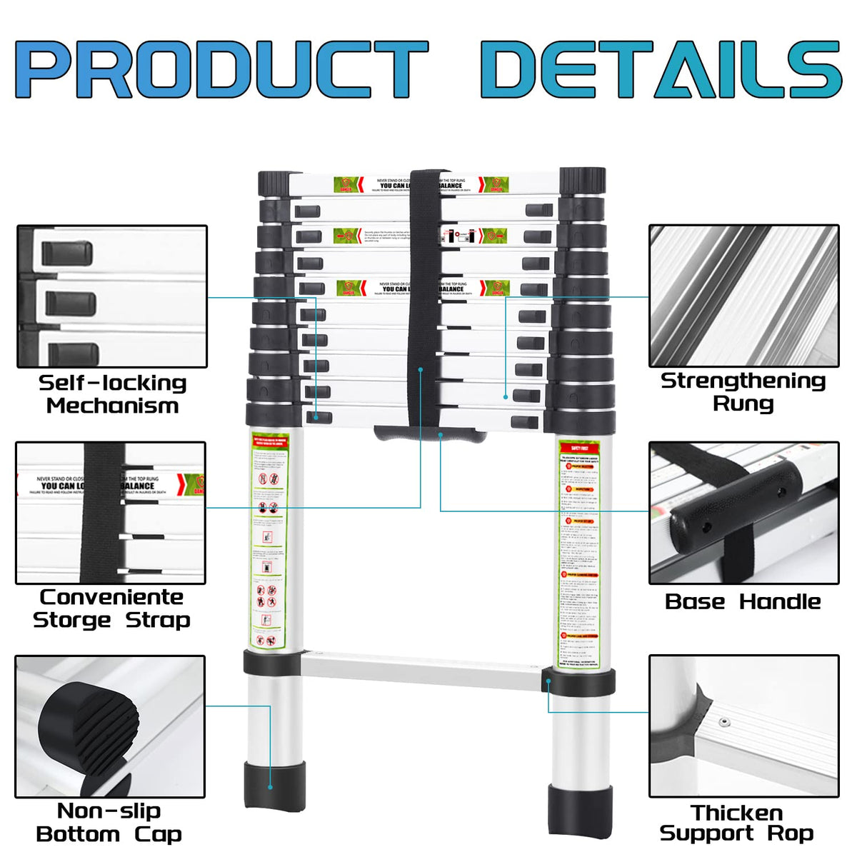 10.5 ft Aluminum Telescopic Ladder with Non-Slip Feet X1173