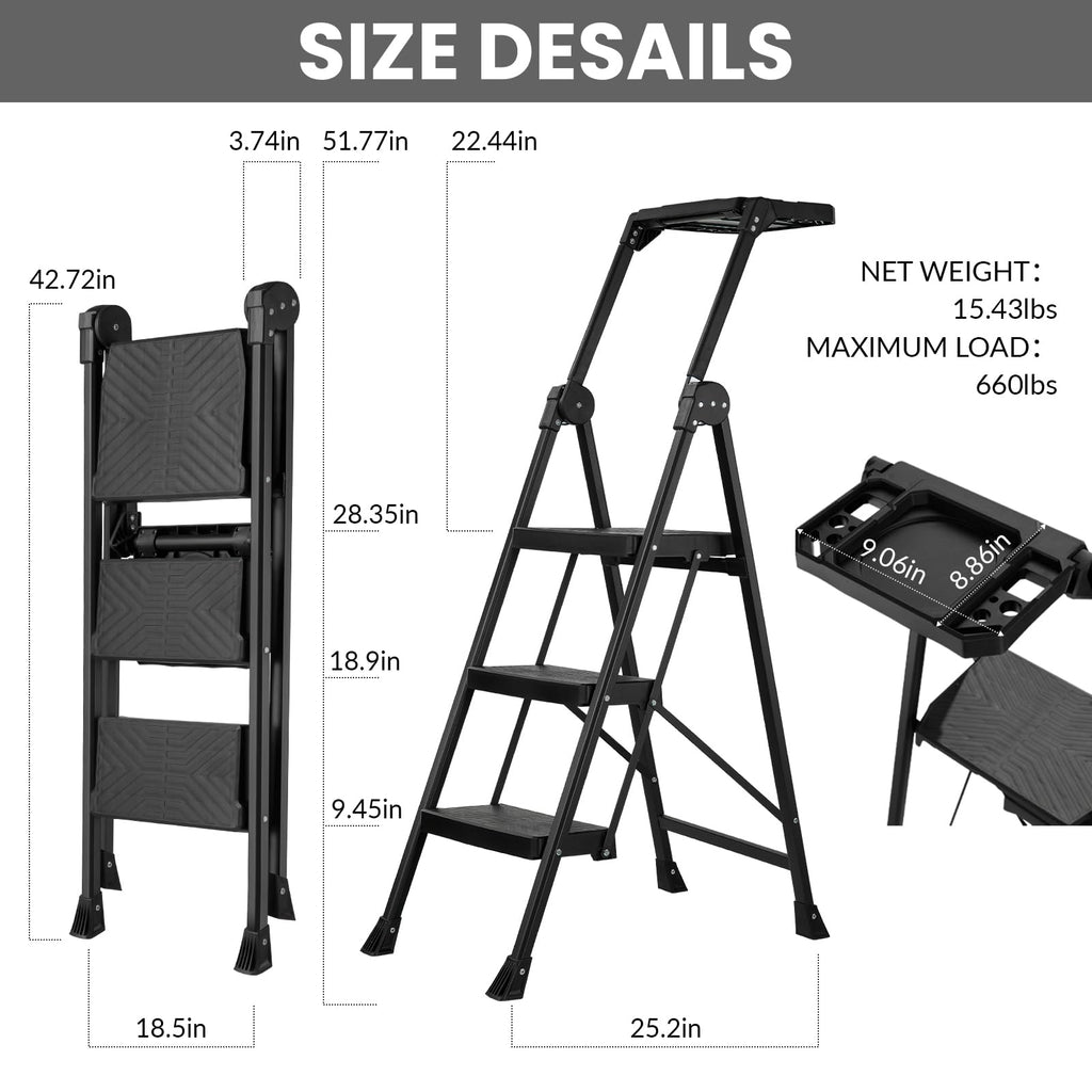 3 Step Steel Stool with Handrail & Tool Tray G25219