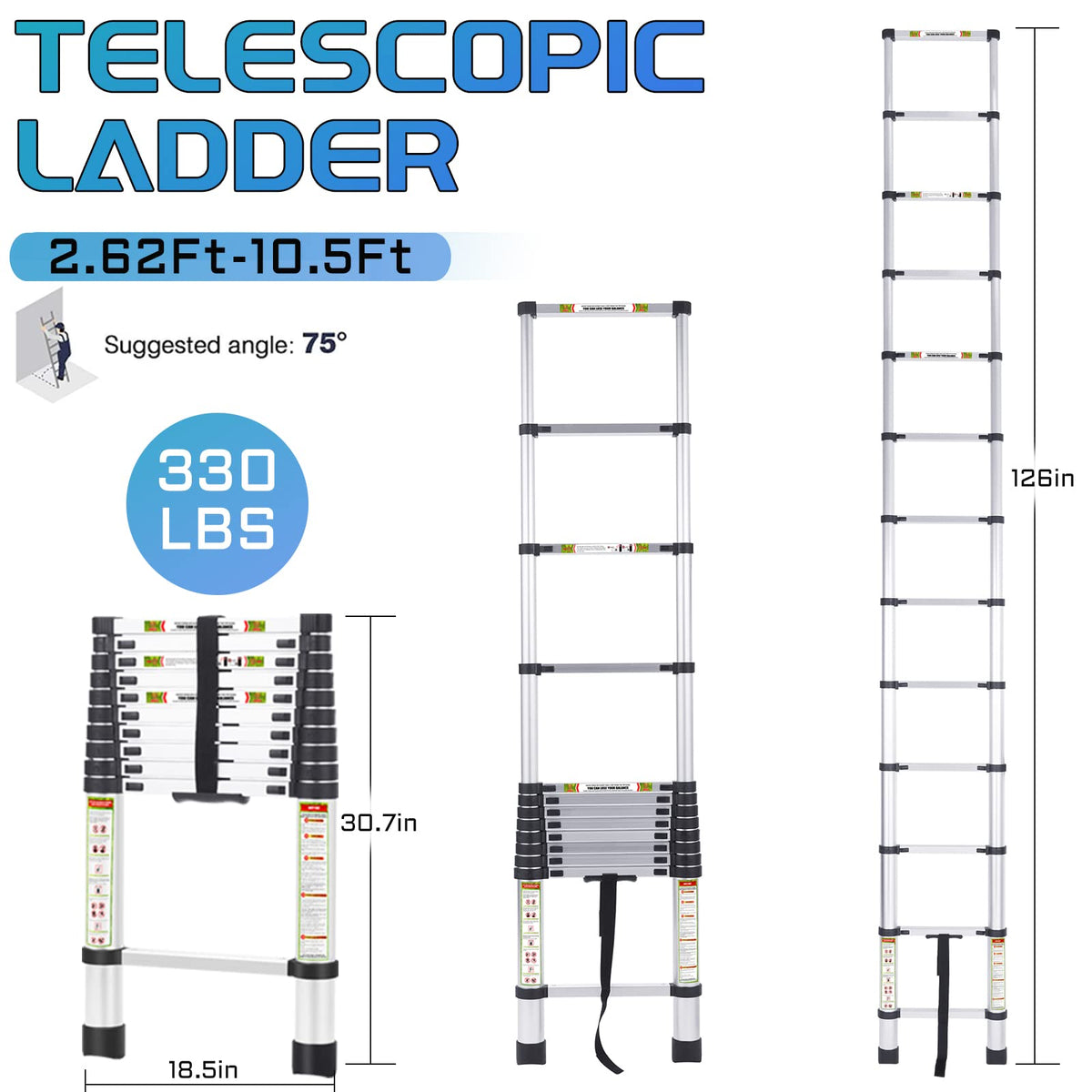 10.5 ft Aluminum Telescopic Ladder with Non-Slip Feet X1173