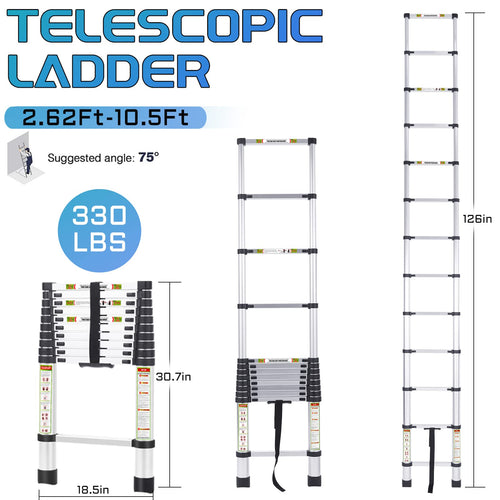 10.5 ft Aluminum Telescopic Ladder with Non-Slip Feet X1173