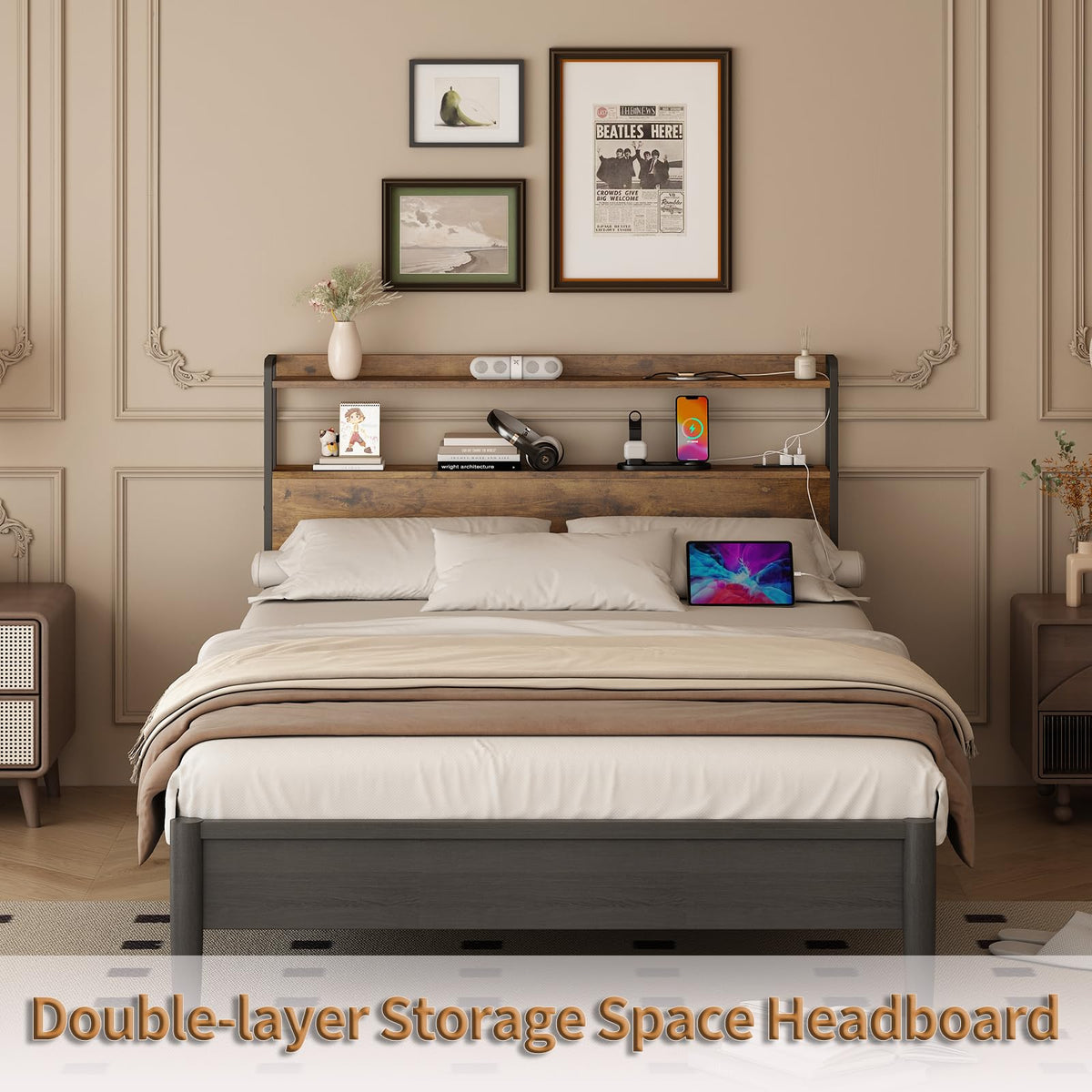 Adjustable Full Size Headboard with Outlets USB Ports Type-C LED Lights and Storage Rustic Brown Y441