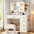 White Vanity Desk with LED Lights Mirror, 5 Drawers, Charging Station & Cushion Stool K378