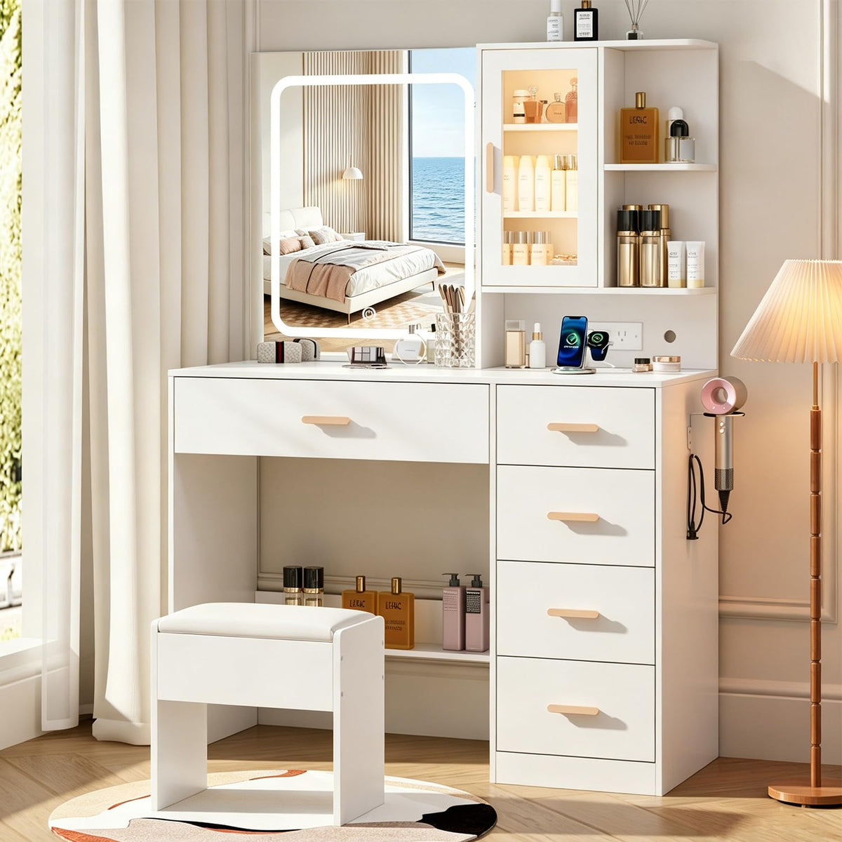 White Vanity Desk with LED Lights Mirror, 5 Drawers, Charging Station & Cushion Stool K378