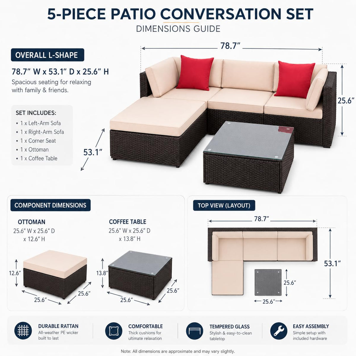 5-Piece Brown Wicker Outdoor Sofa Set with Cushions E339288
