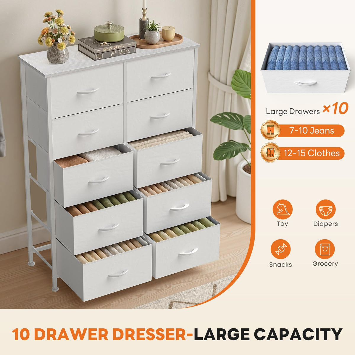 White 10 Drawer Tall Dresser K223
