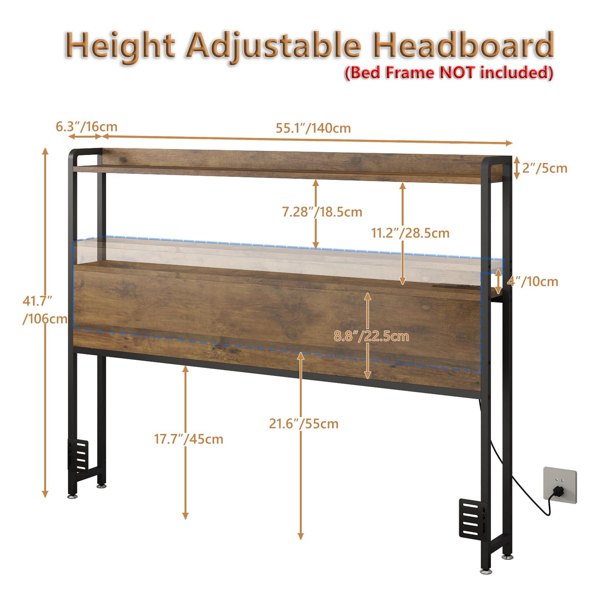 Adjustable Full Size Headboard with Outlets USB Ports Type-C LED Lights and Storage Rustic Brown Y441