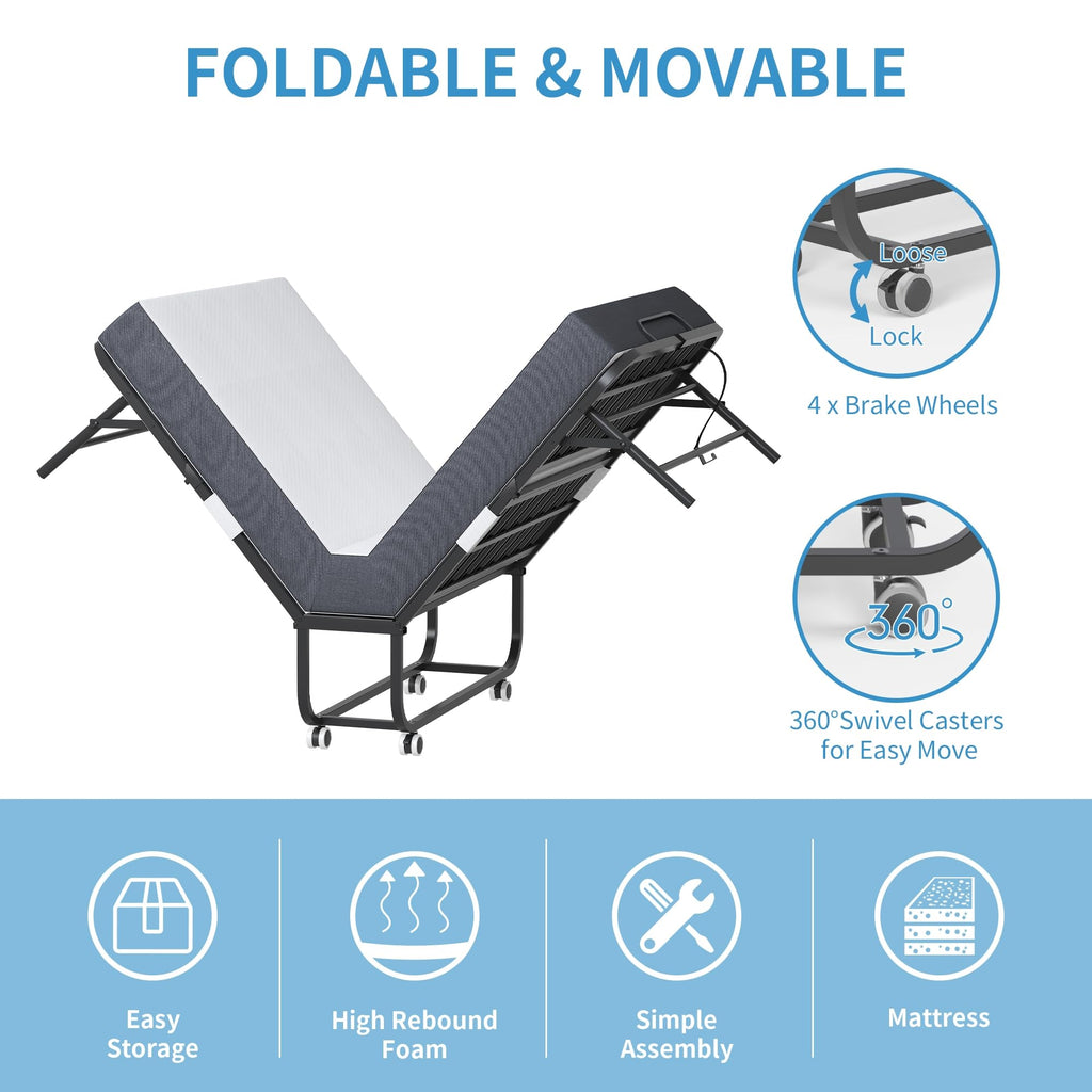 Folding Bed with Mattress, Twin Size Metal Bed Frame with Wheels T574211