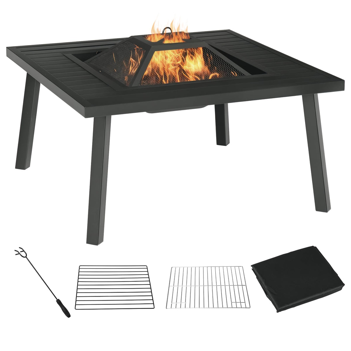 34" Fire Pit with Grill Spark Screen Poker Cover Black O882944