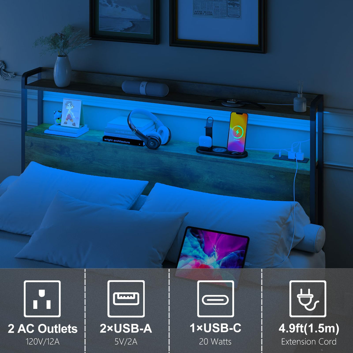 Adjustable Full Size Headboard with Outlets USB Ports Type-C LED Lights and Storage Rustic Brown Y441