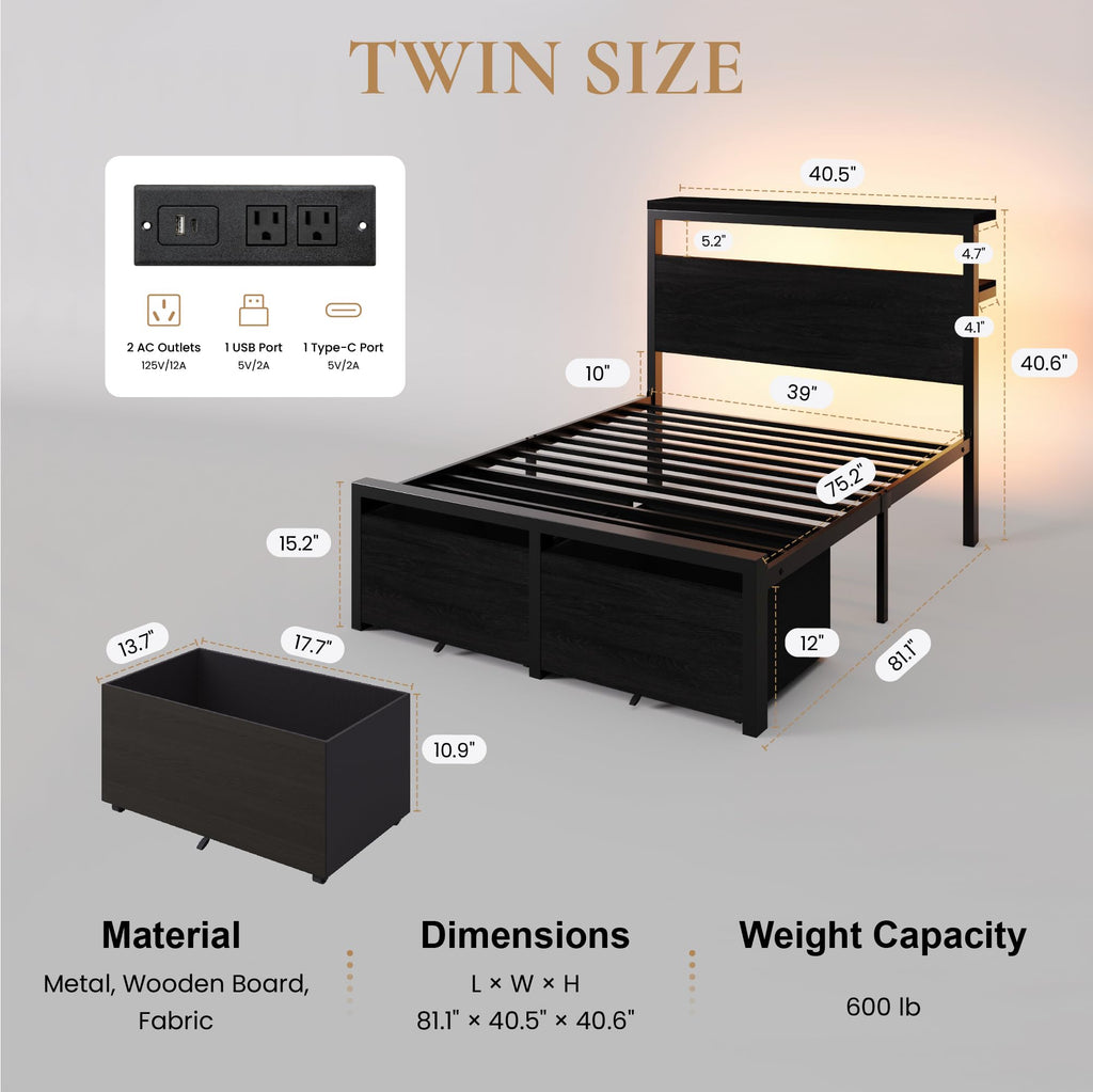 Twin LED Bed Frame with 2 Storage Drawers G131
