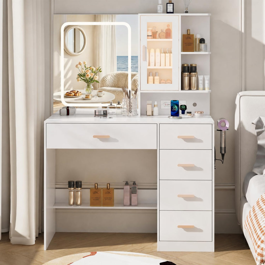 White Vanity Desk with LED Lights Mirror, 5 Drawers, Charging Station & Cushion Stool K378