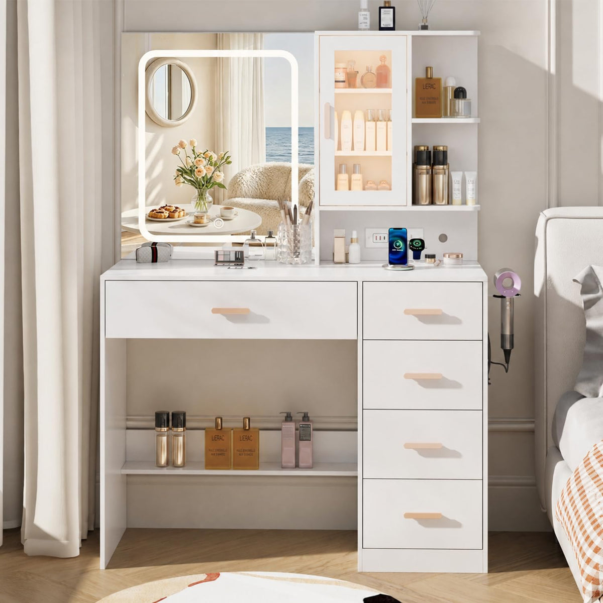 White Vanity Desk with LED Lights Mirror, 5 Drawers, Charging Station & Cushion Stool K378