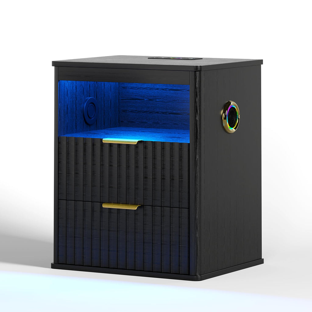 Black Smart Nightstand with Bluetooth Speaker, LED Lights, Wireless Charging, 2 Drawers & Open Shelf O10614
