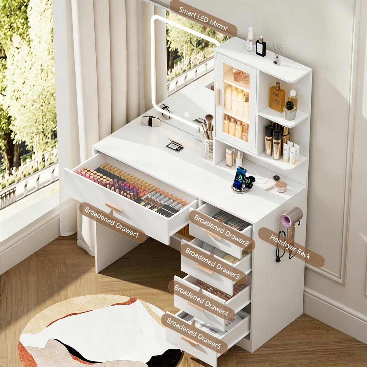 White Vanity Desk with LED Lights Mirror, 5 Drawers, Charging Station & Cushion Stool K378