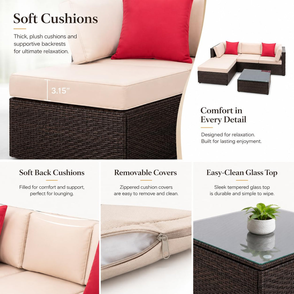 5-Piece Brown Wicker Outdoor Sofa Set with Cushions E339288