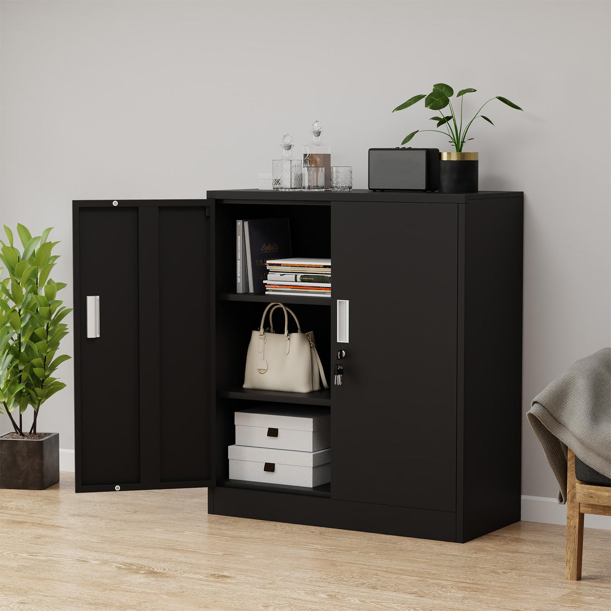 Metal Storage Cabinet with Locking Doors and 2 Adjustable Shelves, Black P656063