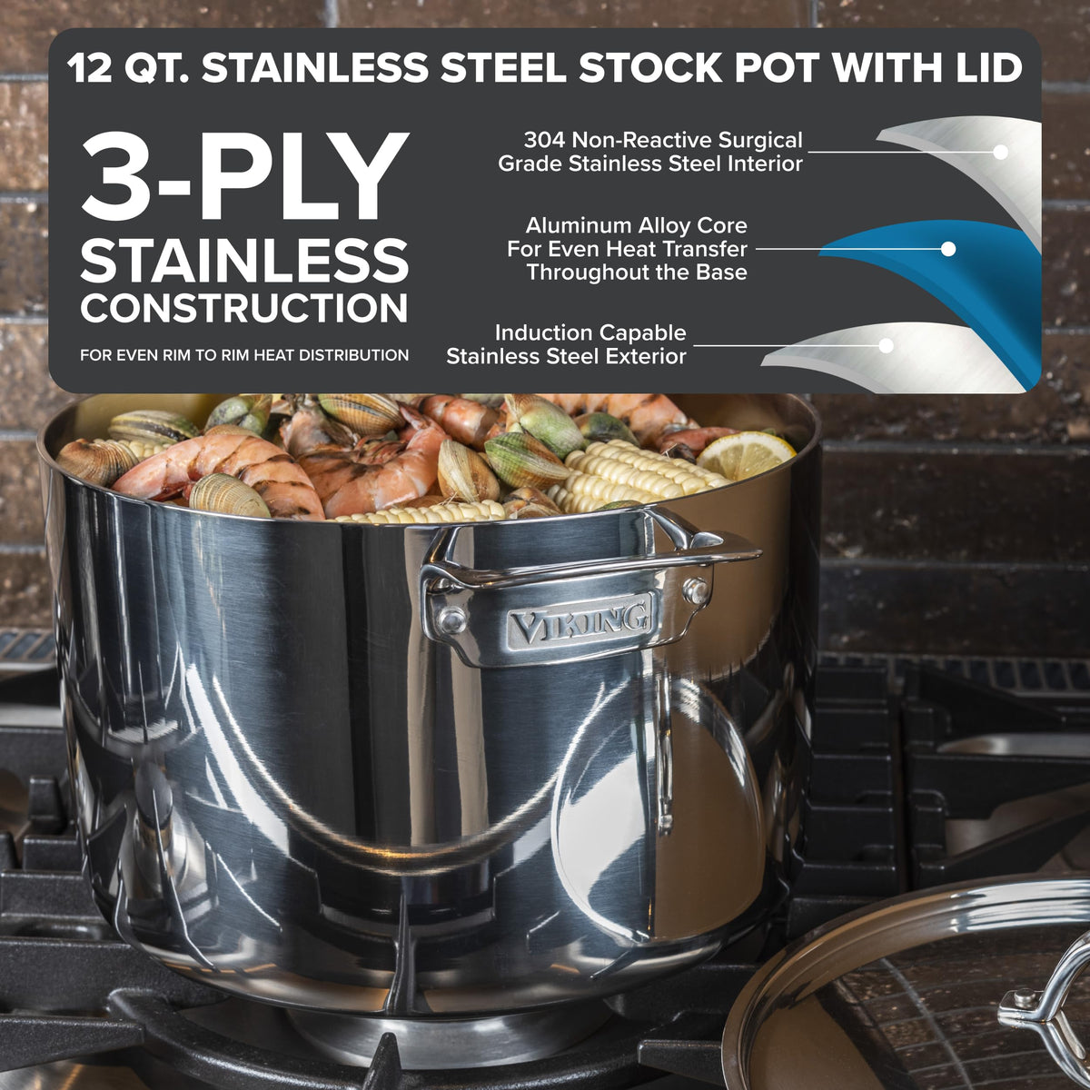 3-Ply Stainless Steel 12 Quart Stock Pot with Lid N404