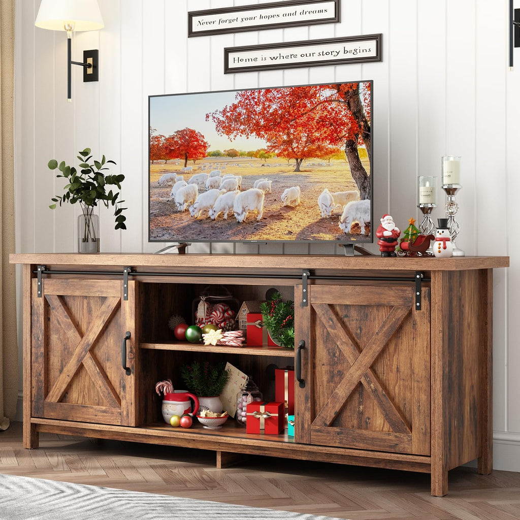 Farmhouse TV Stand with Adjustable Shelves & Sliding Barn Door Q64892