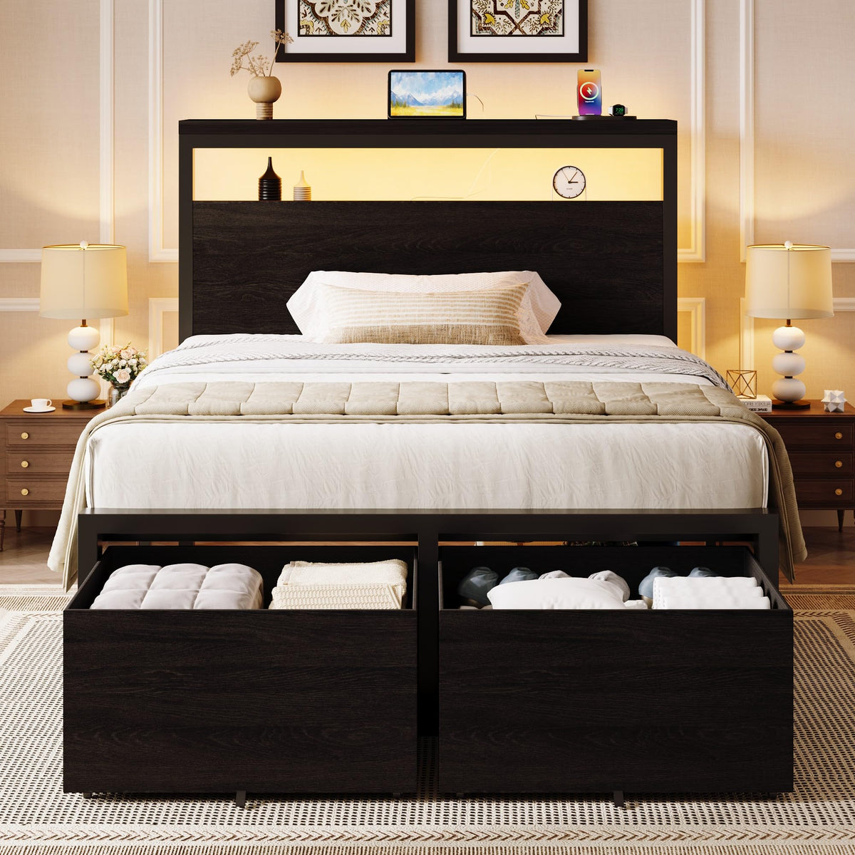Twin LED Bed Frame with 2 Storage Drawers G131