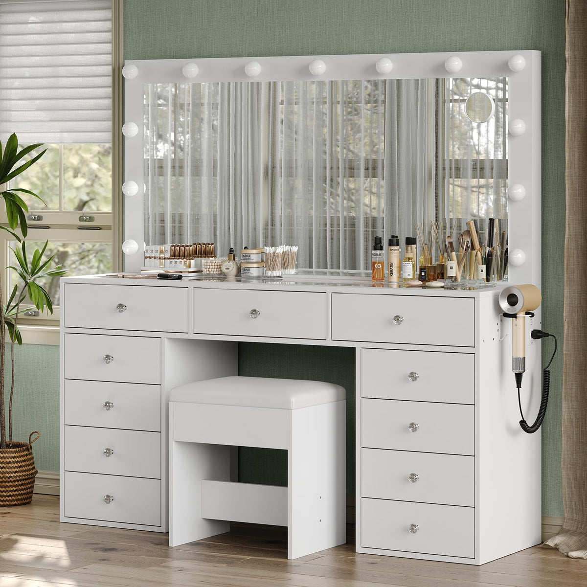 11 Drawer Vanity Desk with Mirror and LED Bulbs X390357