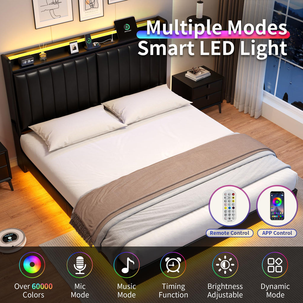 Full Size Black LED Bed Frame with Storage Headboard G3228