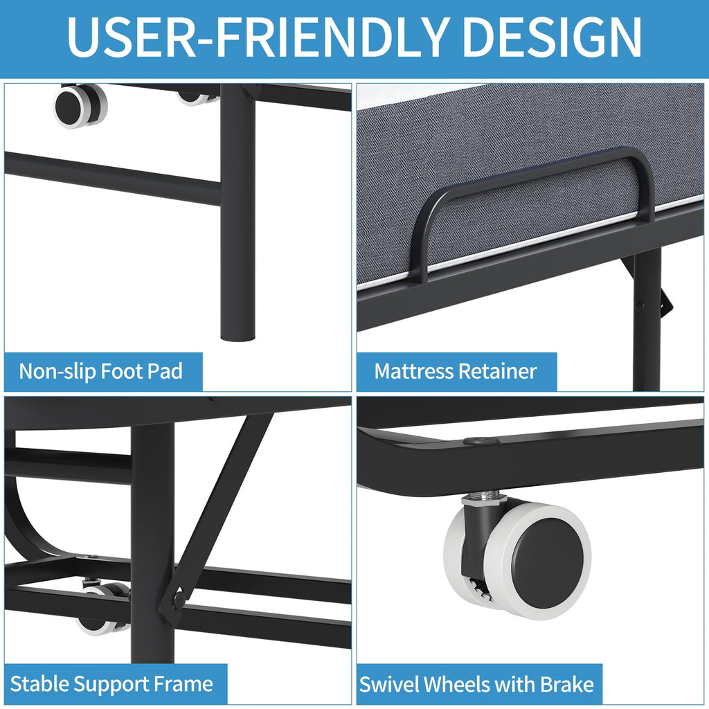 Folding Bed with Mattress, Twin Size Metal Bed Frame with Wheels T574211