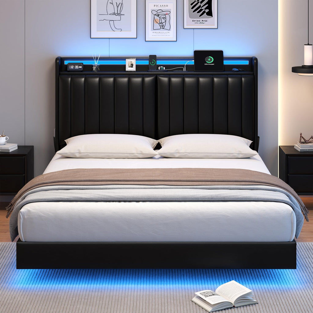 Full Size Black LED Bed Frame with Storage Headboard G3228