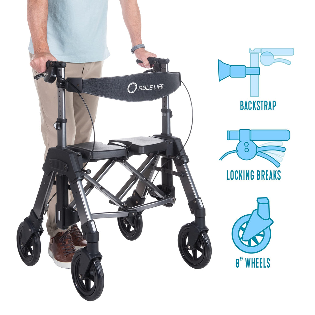 Heavy Duty Folding 4-Wheel Rollator with Extra Wide Seat and 8-inch Wheels, Black Walnut H889