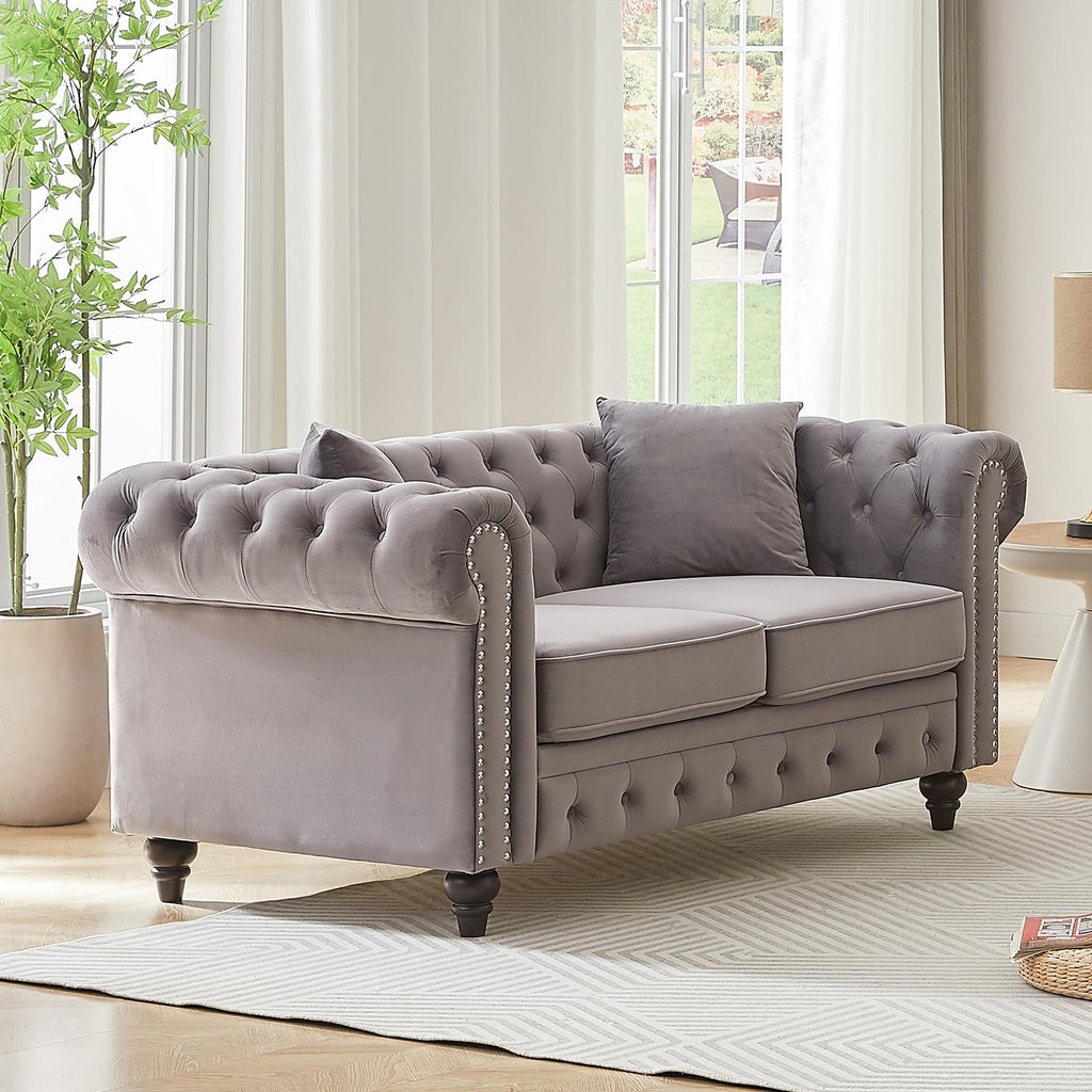 Light Grey Velvet Button Tufted Loveseat Sofa C84390