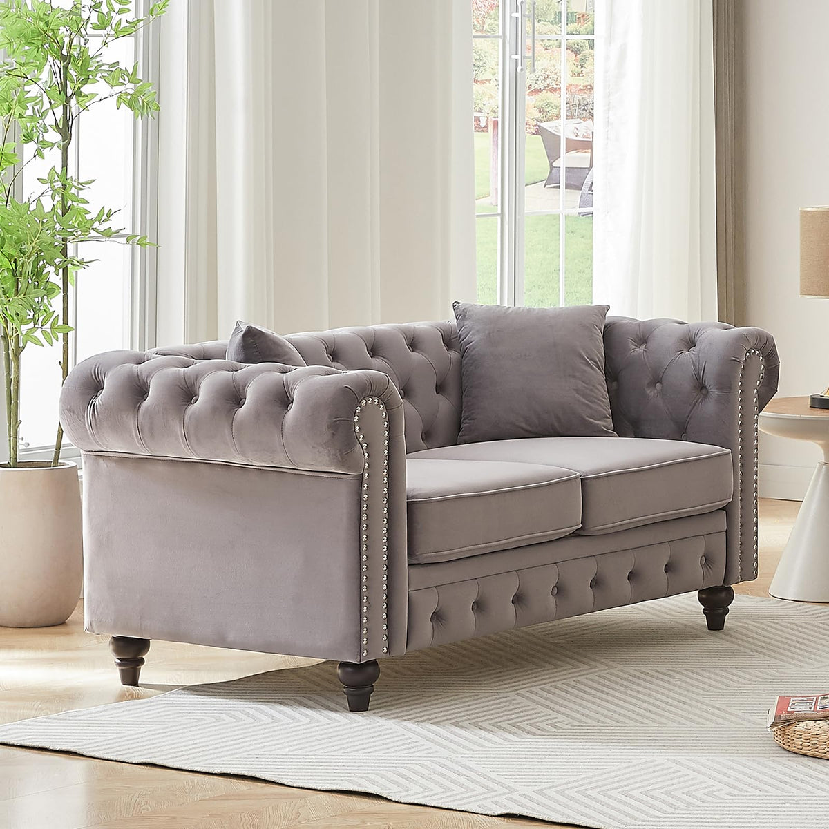 Light Grey Velvet Button Tufted Loveseat Sofa C84390