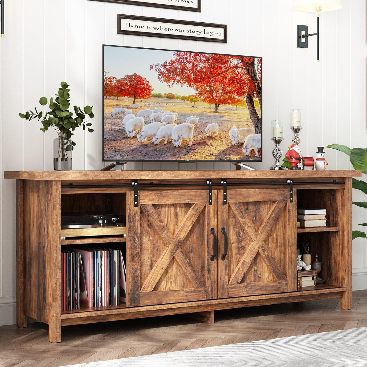 Farmhouse TV Stand with Adjustable Shelves & Sliding Barn Door Q64892