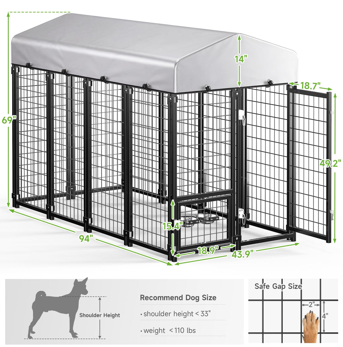 Weatherproof Outdoor Dog Kennel with Roof & Feeders D632889