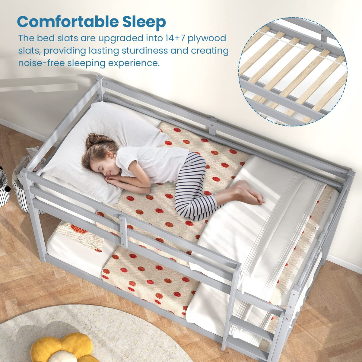 Twin Over Twin Solid Wood Low Bunk Bed with Ladder and Guardrails Z14243